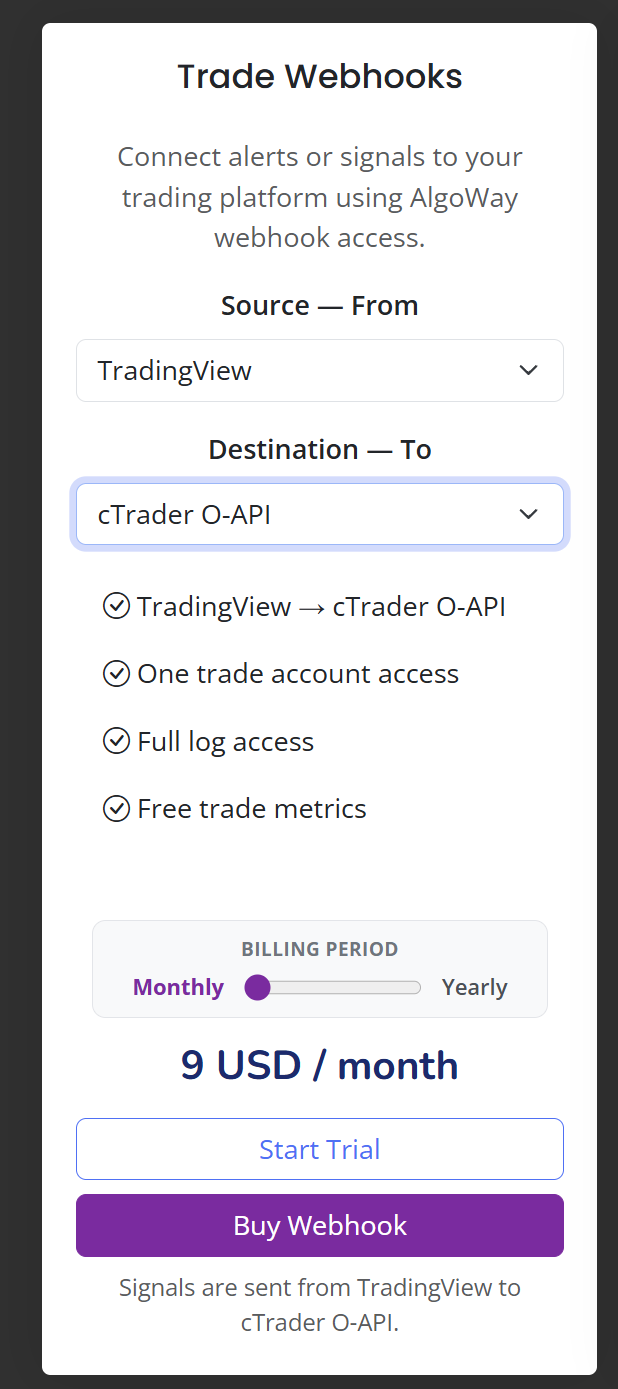 AlgoWay webhook selection showing TradingView as source, cTrader O-API as destination, and trial options