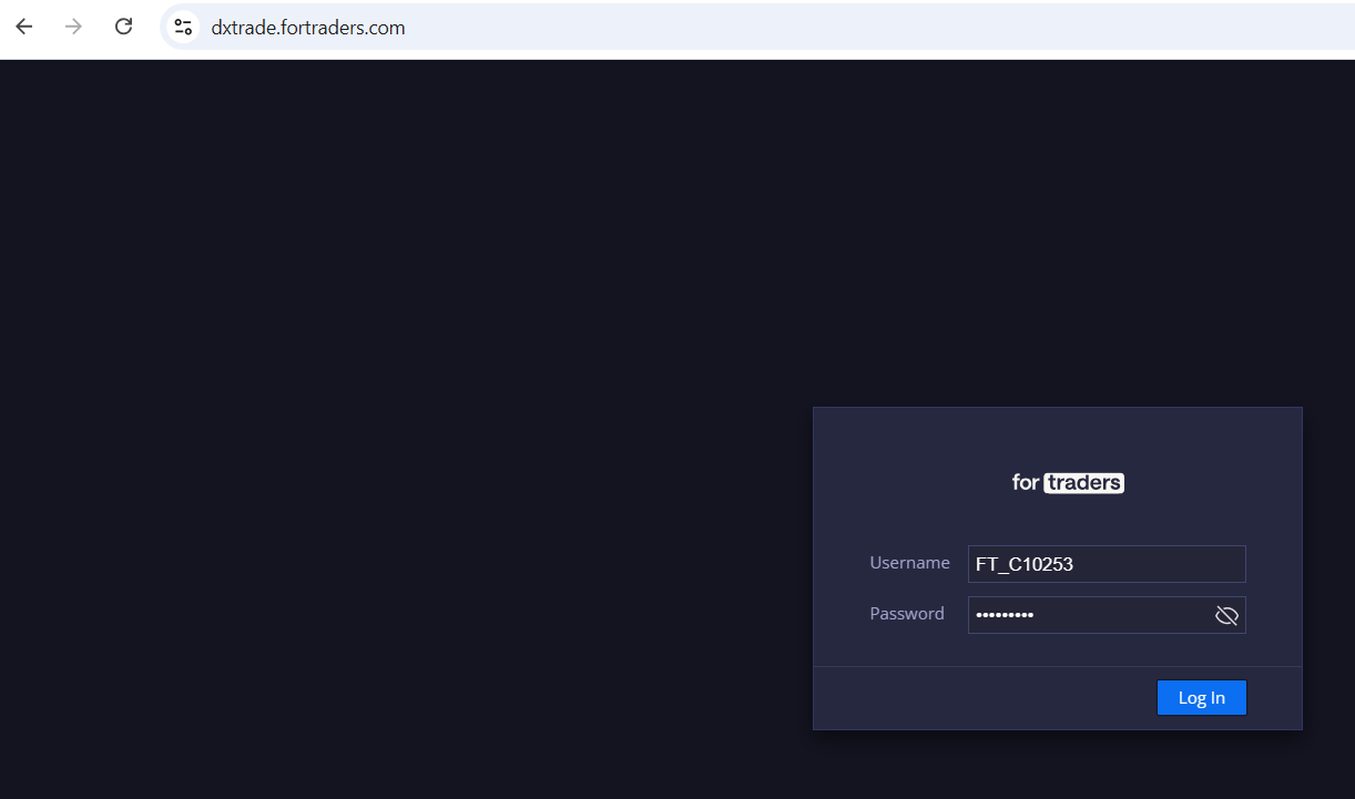 Login screen for DxTrade platform