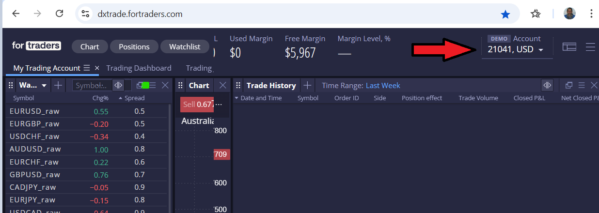 DxTrade platform with Account ID highlighted