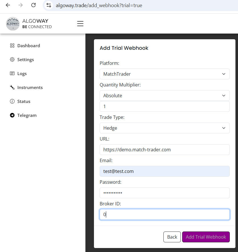 Setting Up a Webhook for MatchTrader on the AlgoWay Platform