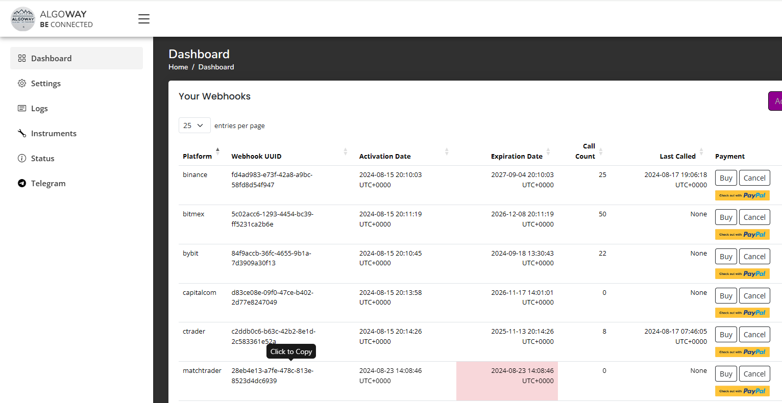 Dashboard view of webhooks on AlgoWay