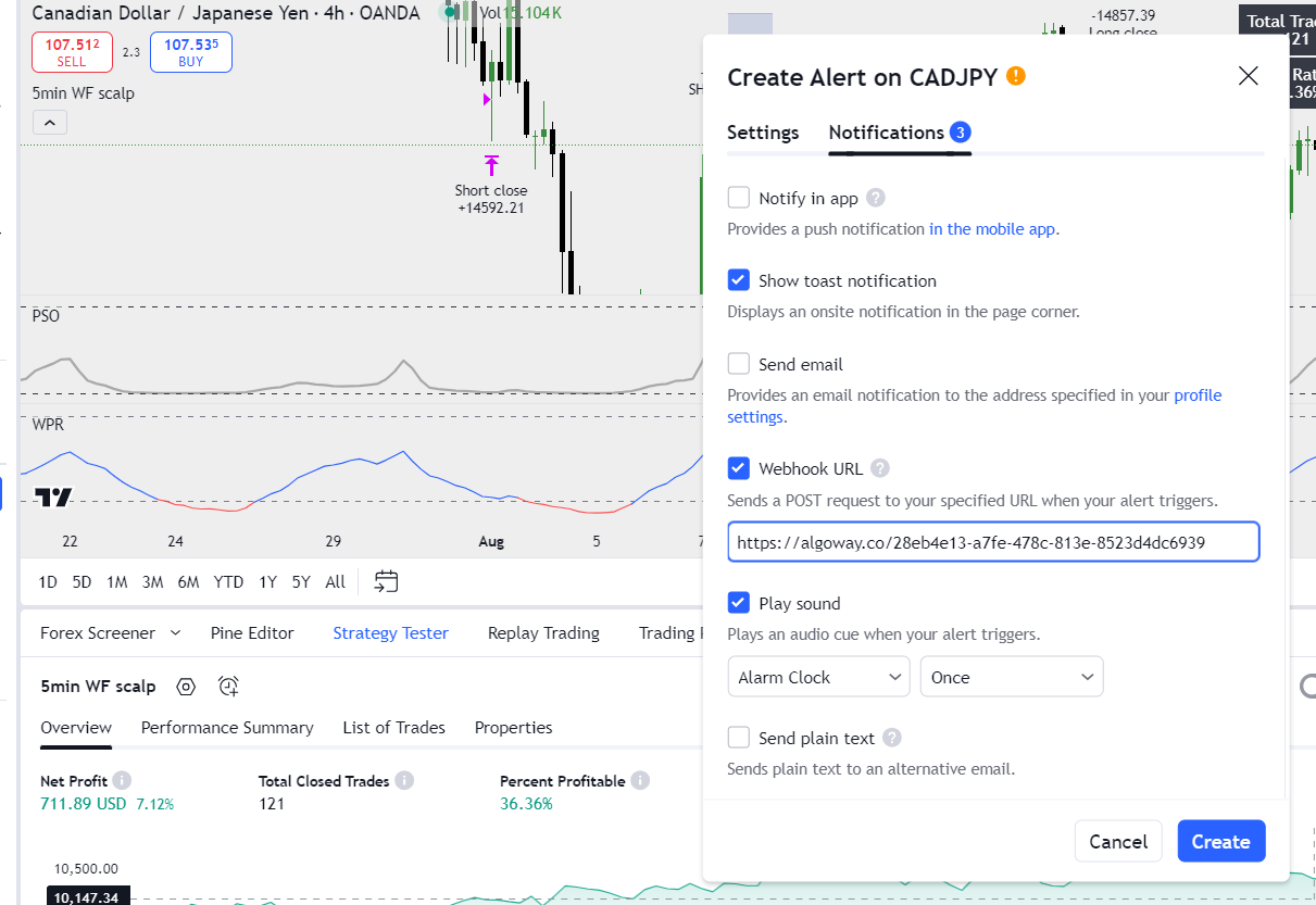 Finalizing the alert setup in TradingView