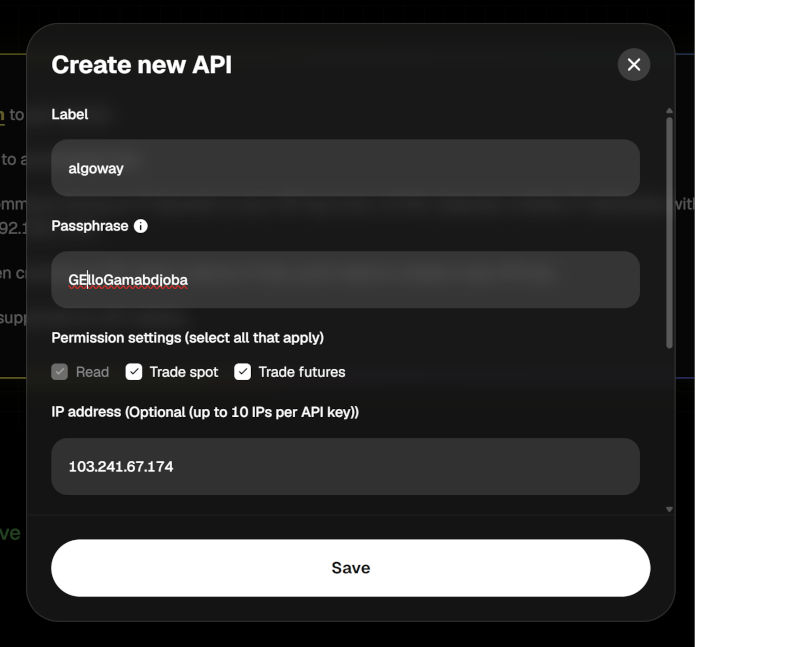 Create a WEEX API key for AlgoWay with Futures trading permission and IP allowlist