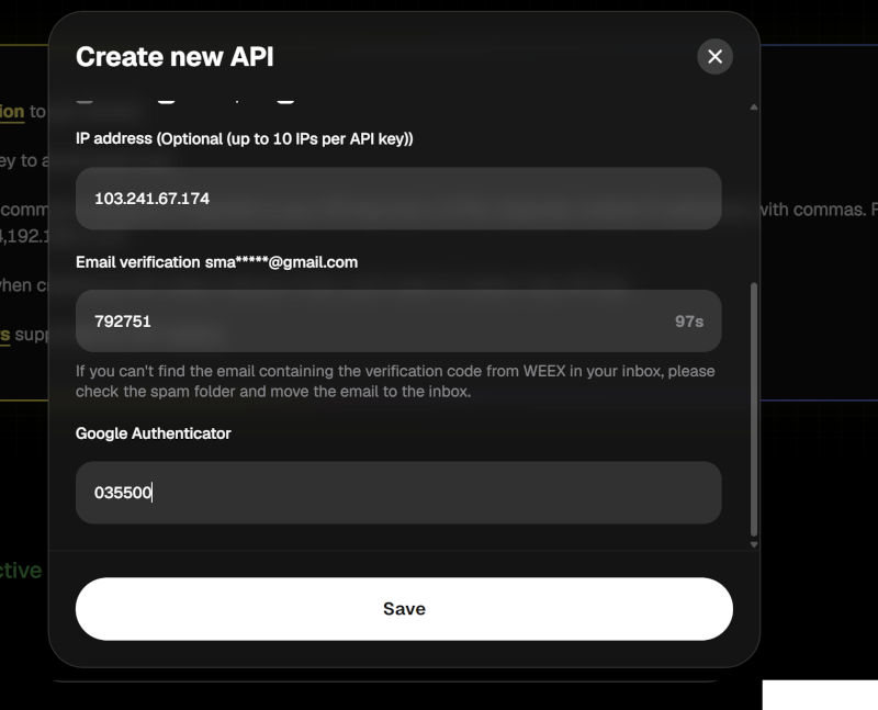 WEEX API email verification and Google Authenticator confirmation