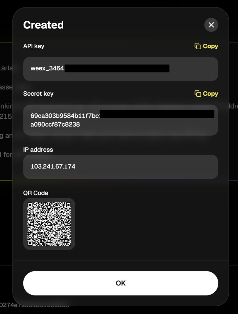 WEEX API key and secret key created for AlgoWay