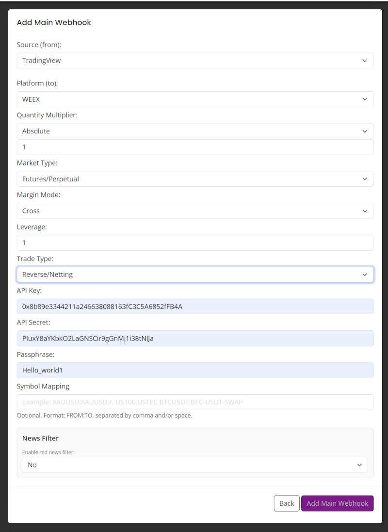 Configure WEEX API key secret passphrase leverage and trading mode in AlgoWay