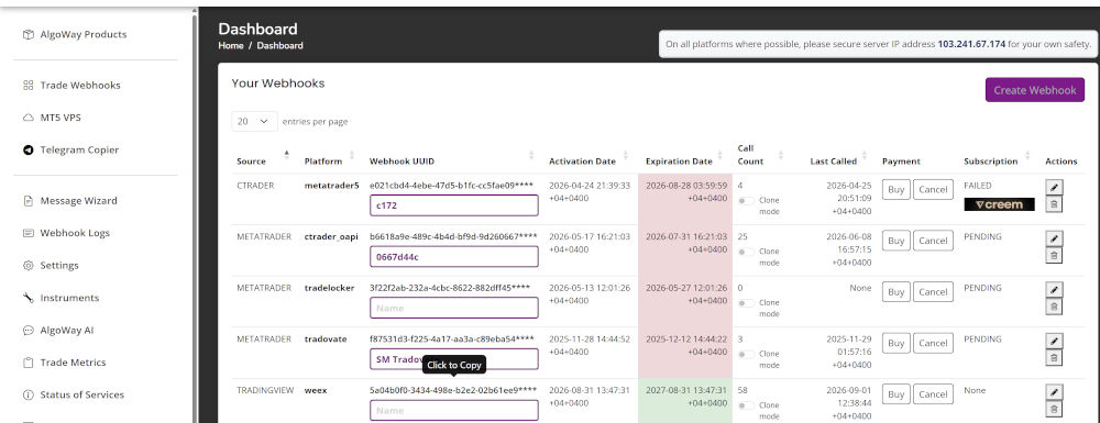 WEEX webhook in the AlgoWay Trade Webhooks dashboard