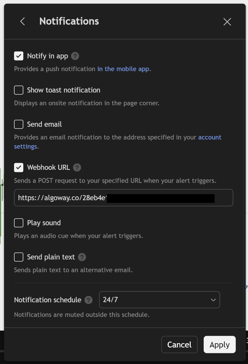 Paste the AlgoWay WEEX webhook URL into TradingView notifications